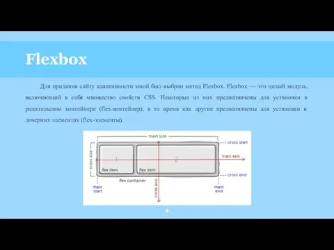 Flexbox Для придания сайту адаптивности мной был выбран метод Flexbox. Flexbox — это