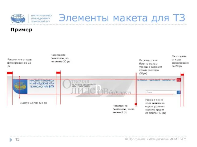 Элементы макета для ТЗ Пример Высота шапки 123 px Расстояние