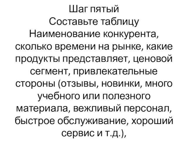 Шаг пятый Составьте таблицу Наименование конкурента, сколько времени на рынке,