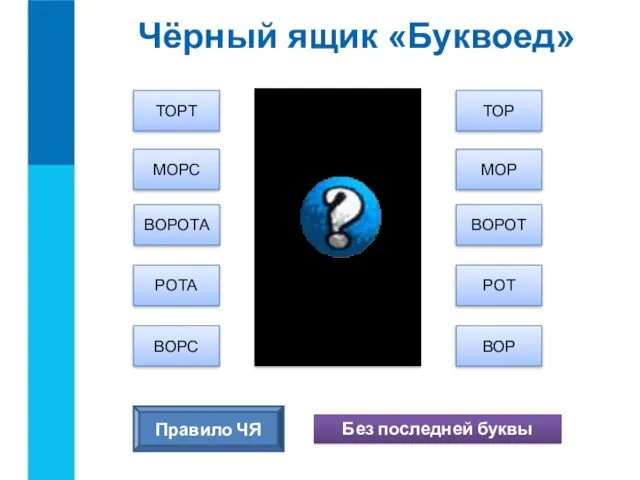 Чёрный ящик «Буквоед» ТОРТ МОРС ВОРС РОТА ВОРОТА ТОР МОР