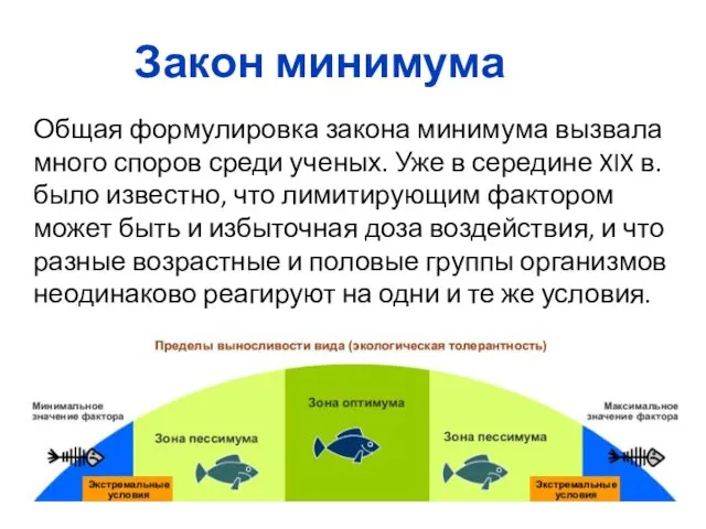 Закон минимума Общая формулировка закона минимума вызвала много споров среди