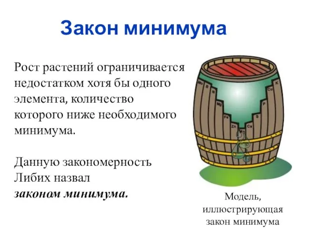 Закон минимума Модель, иллюстрирующая закон минимума Рост растений ограничивается недостатком