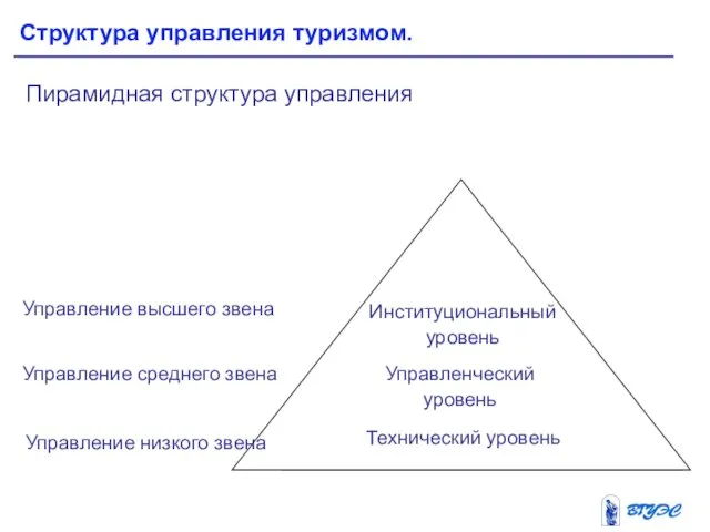 Пирамидная структура управления Структура управления туризмом. Технический уровень Управление высшего звена Управление среднего