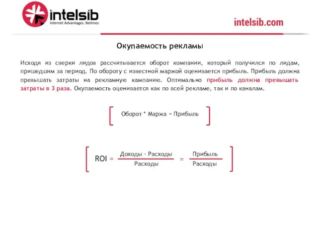 Окупаемость рекламы Исходя из сверки лидов рассчитывается оборот компании, который