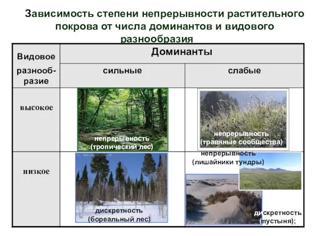 Зависимость степени непрерывности растительного покрова от числа доминантов и видового