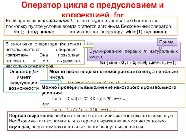 Оператор цикла с предусловием и коррекцией for Если пропущено выражение 2, то цикл