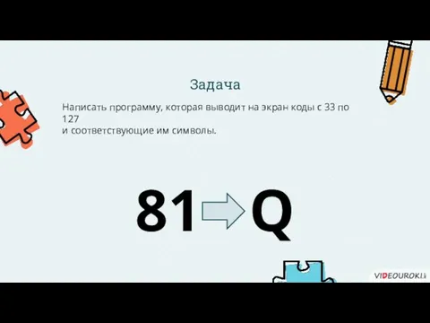 Задача Написать программу, которая выводит на экран коды с 33