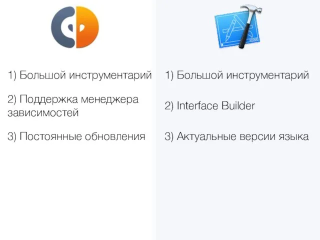 1) Большой инструментарий 2) Interface Builder 3) Актуальные версии языка 1) Большой инструментарий