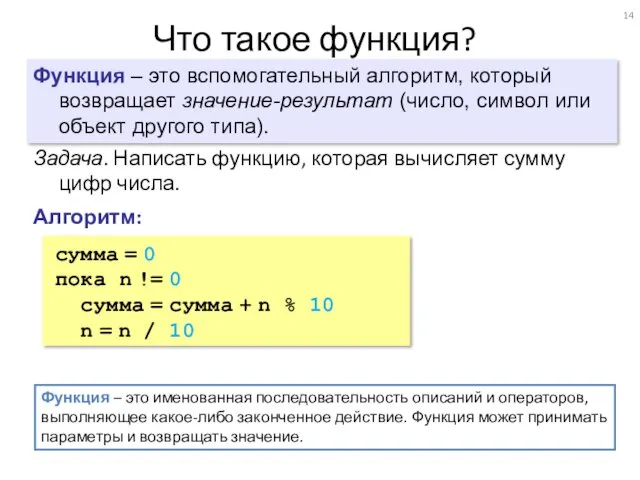 Что такое функция? Функция – это вспомогательный алгоритм, который возвращает