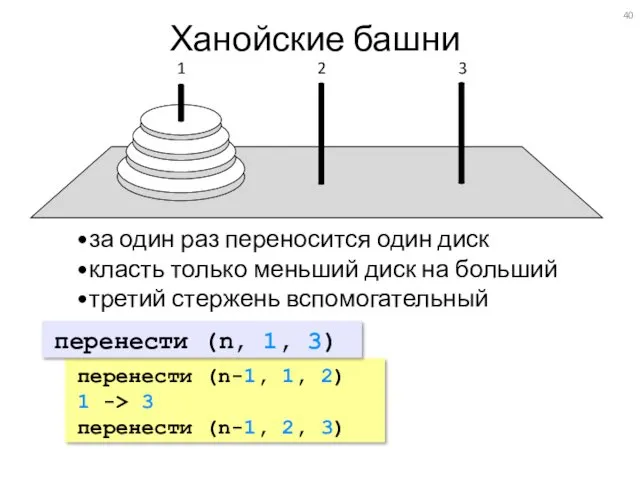 Ханойские башни за один раз переносится один диск класть только