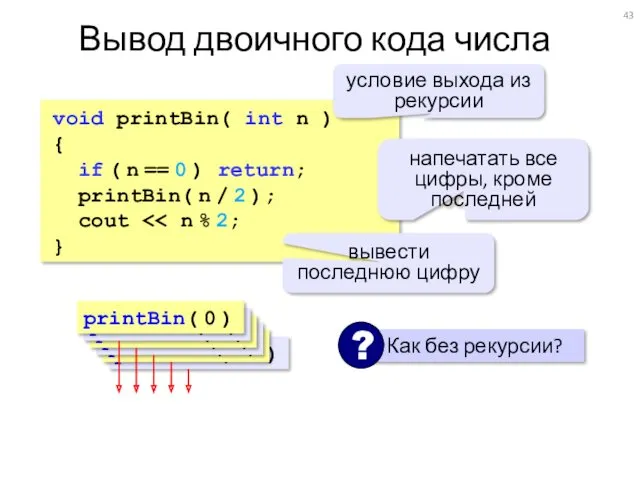 Вывод двоичного кода числа void printBin( int n ) {