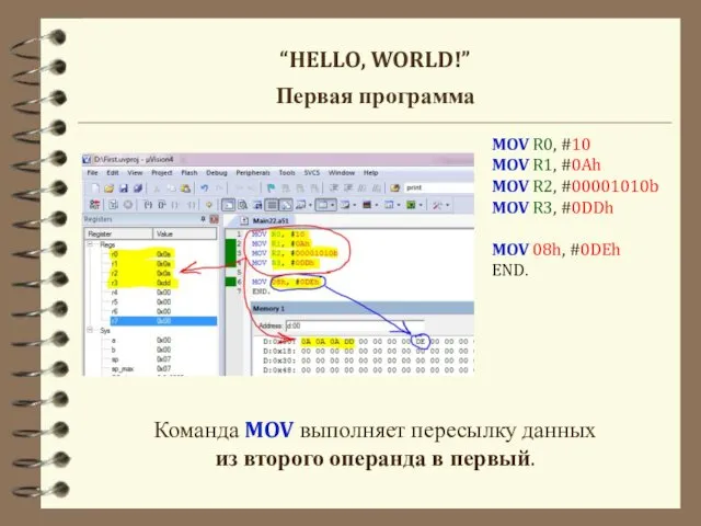 “HELLO, WORLD!” Первая программа MOV R0, #10 MOV R1, #0Ah MOV R2, #00001010b