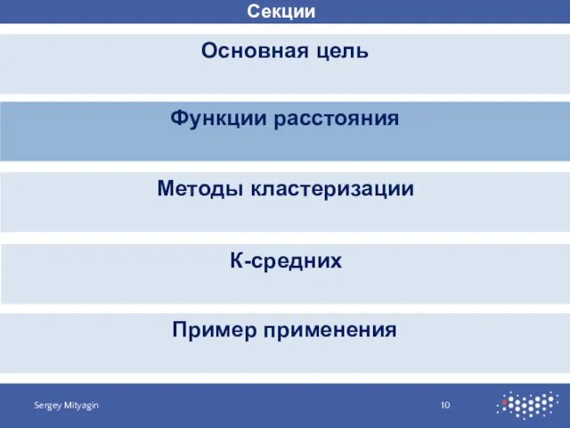 Секции Основная цель Sergey Mityagin Функции расстояния Методы кластеризации К-средних Пример применения