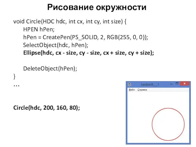 Рисование окружности void Circle(HDC hdc, int cx, int cy, int