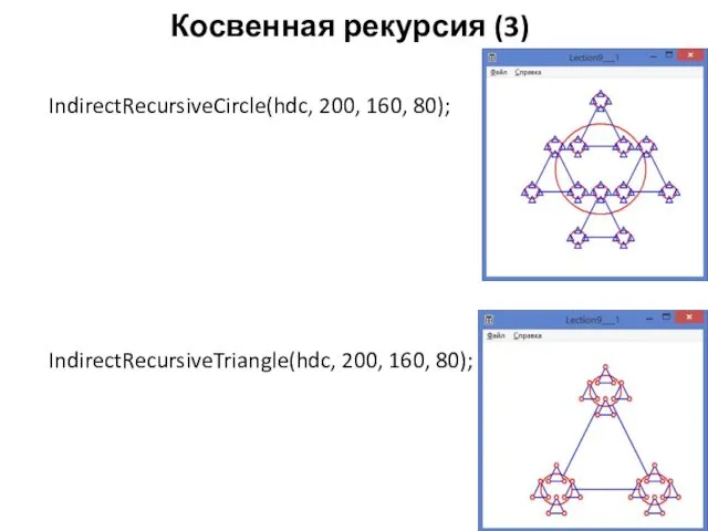 Косвенная рекурсия (3) IndirectRecursiveCircle(hdc, 200, 160, 80); IndirectRecursiveTriangle(hdc, 200, 160, 80);