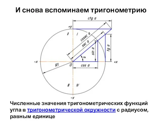 И снова вспоминаем тригонометрию Численные значения тригонометрических функций угла в тригонометрической окружности с радиусом, равным единице