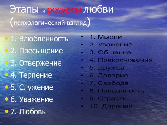 Этапы и ресурсы любви (психологический взгляд) 1. Влюбленность 2. Пресыщение