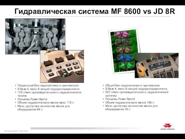 Гидравлическая система MF 8600 vs JD 8R Раздельный бак гидросистемы