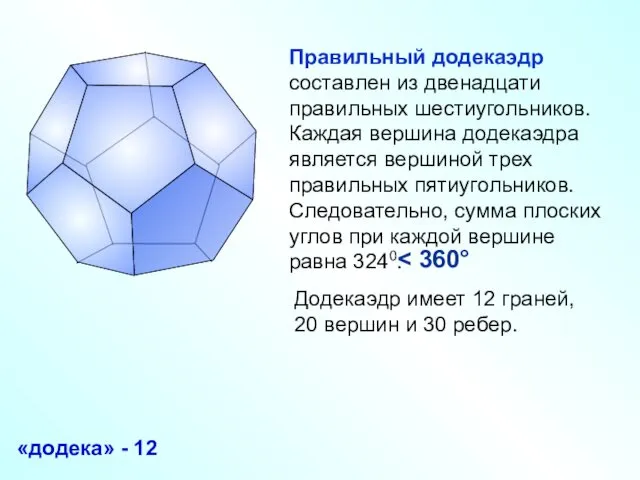 Правильный додекаэдр составлен из двенадцати правильных шестиугольников. Каждая вершина додекаэдра