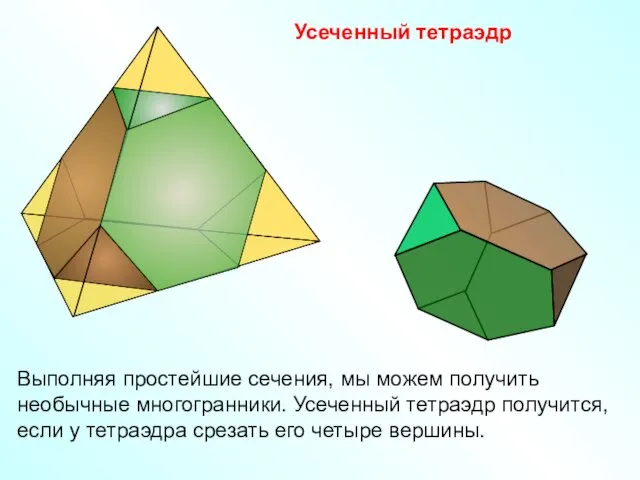 Усеченный тетраэдр Выполняя простейшие сечения, мы можем получить необычные многогранники. Усеченный тетраэдр получится,