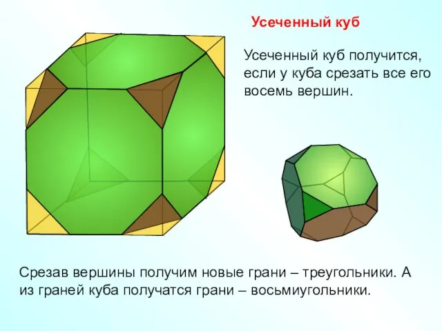 Усеченный куб Срезав вершины получим новые грани – треугольники. А из граней куба
