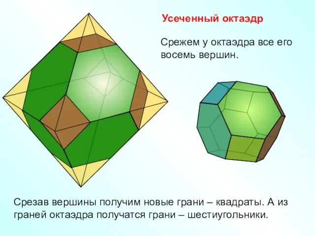 Усеченный октаэдр Срежем у октаэдра все его восемь вершин. Срезав вершины получим новые