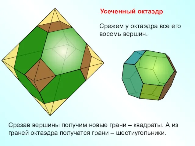 Усеченный октаэдр Срежем у октаэдра все его восемь вершин. Срезав