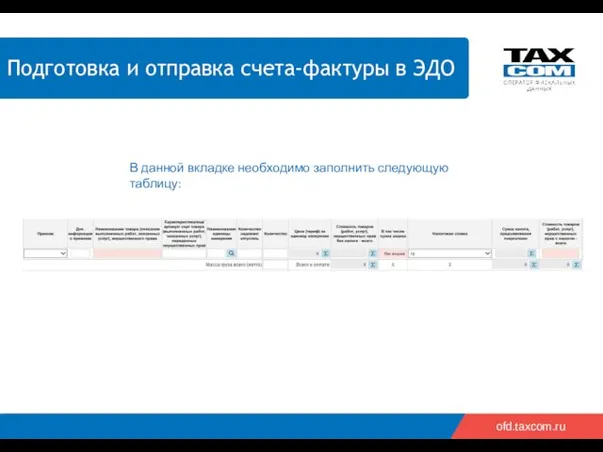 2018 2019 ofd.taxcom.ru Подготовка и отправка счета-фактуры в ЭДО В данной вкладке необходимо заполнить следующую таблицу: