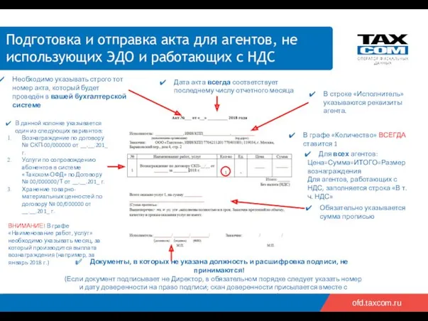 2019 ofd.taxcom.ru В графе «Количество» ВСЕГДА ставится 1 В строке