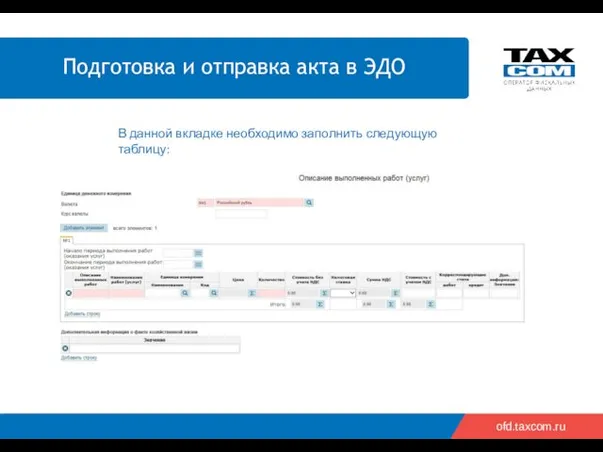 ofd.taxcom.ru В данной вкладке необходимо заполнить следующую таблицу: Подготовка и отправка акта в ЭДО