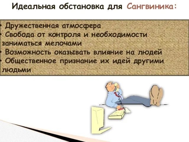 Идеальная обстановка для Сангвиника: Дружественная атмосфера Свобода от контроля и