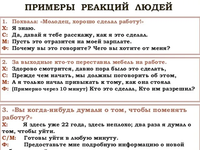 ПРИМЕРЫ РЕАКЦИЙ ЛЮДЕЙ 1. Похвала: «Молодец, хорошо сделал работу!» Х: