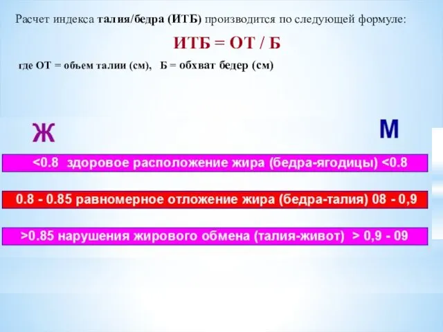 Расчет индекса талия/бедра (ИТБ) производится по следующей формуле: ИТБ =