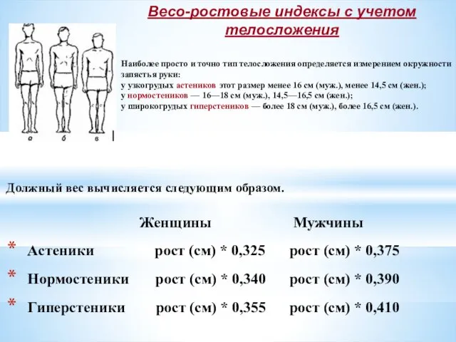 . Должный вес вычисляется следующим образом. Женщины Мужчины Астеники рост