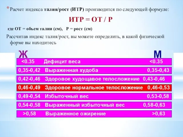 Расчет индекса талия/рост (ИТР) производится по следующей формуле: ИТР =