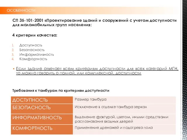 ОСОБЕННОСТИ СП 35-101-2001 «Проектирование зданий и сооружений с учетом доступности