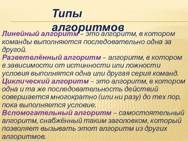 Типы алгоритмов Линейный алгоритм – это алгоритм, в котором команды