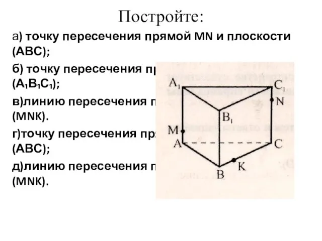 Постройте: а) точку пересечения прямой MN и плоскости (АВС); б)