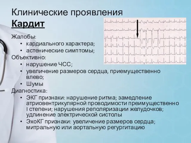 Клинические проявления Кардит Жалобы: кардиального характера; астенические симптомы; Объективно: нарушение