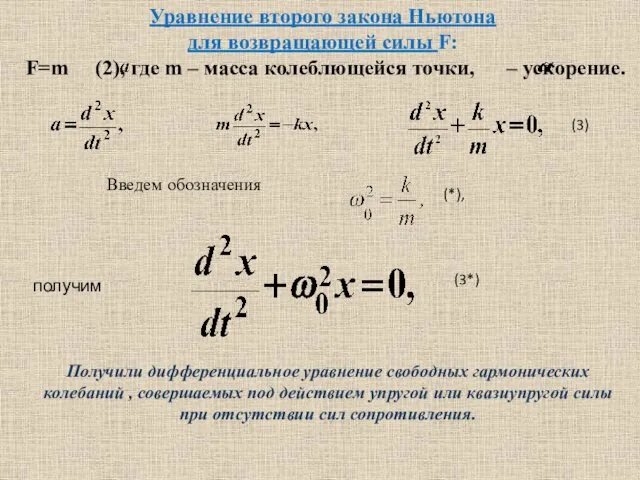 Уравнение второго закона Ньютона для возвращающей силы F: F=m (2),