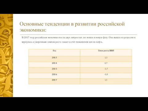 Основные тенденции в развитии российской экономики: В 2017 году российская