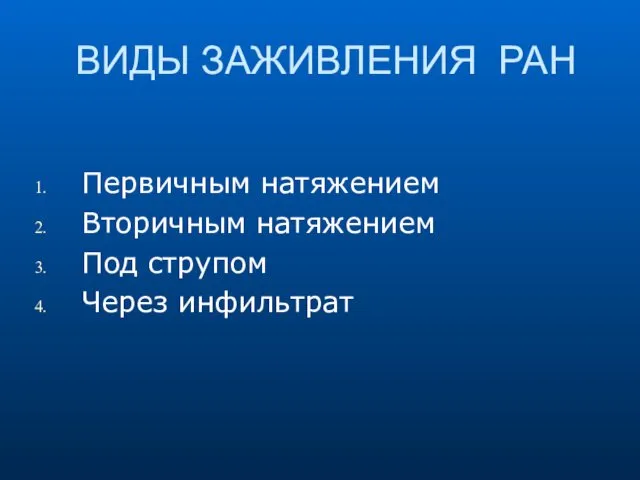 ВИДЫ ЗАЖИВЛЕНИЯ РАН Первичным натяжением Вторичным натяжением Под струпом Через инфильтрат