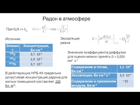 Радон в атмосфере Значение коэффициента диффузии для оценок можно принять