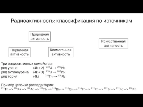 Радиоактивность: классификация по источникам Природная активность Искусственная активность Первичная активность