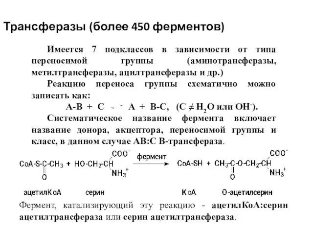 Трансферазы (более 450 ферментов) Имеется 7 подклассов в зависимости от