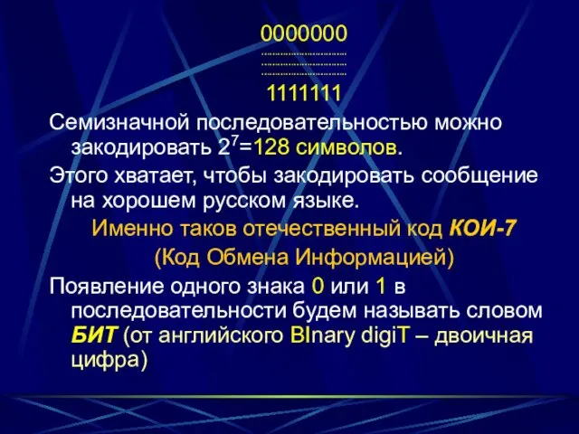 0000000 ………………………….. ………………………….. ………………………….. 1111111 Семизначной последовательностью можно закодировать 27=128