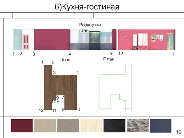 6)Кухня-гостиная 16 Развёртка стен План пола План потолка 1 2