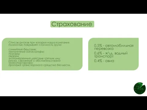 Страхование 0,5% - автомобильная перевозка 0,6% - ж\д, водный транспорт