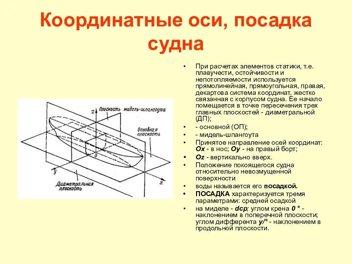 Координатные оси, посадка судна При расчетах элементов статики, т.е. плавучести,