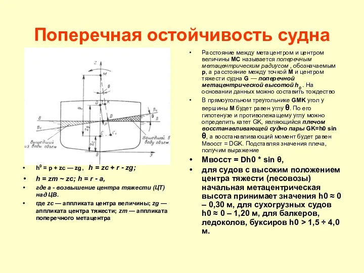 Поперечная остойчивость судна Расстояние между метацентром и центром величины МС